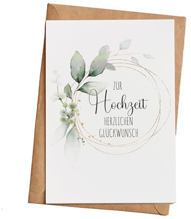 FORYOU24 Glückwunschkarte zur Hochzeit mit Umschlag aus Kraftpapier. Hochzeitskarte Grußkarte Vermählung Just Married Wedding Motiv Eukaliptus Kranz (KT_039-2)