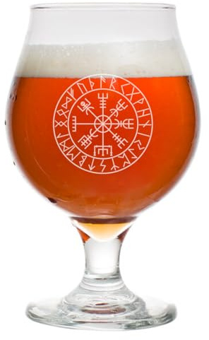16 oz Belgian Beer Tulip Glass Stemmed Beer Glass Vegvisir Viking Navigation Compass
