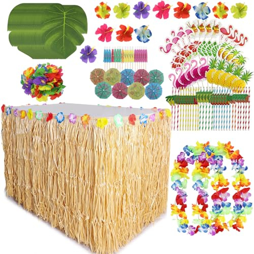 Hawaiian Tropical Decoration Set - Party Accessories With Grass Table Skirt, Garland Palm Leaves, Colored Umbrellas, 3D Fruit Straws for Jungle Garden