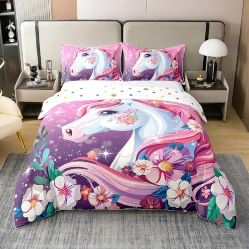 100% Bio Baumwolle Nette Einhorn Bettwäsche Abdeckung,Kirschblüten Bettbezug,Chic Blume Tröster Abdeckung,Groovy Floral Bettwäsche Set für Schlafzimmer Dekor,Pflanze Botanische Bettbezug 200x200
