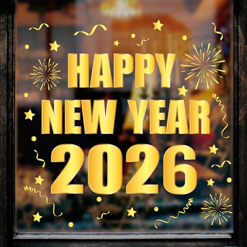 Whaline 6 Sheet 2026 Happy New Year Window Clings Foil Gold New Years Eve Firework Reusable Window Decals for Home Office Classroom Party Decor