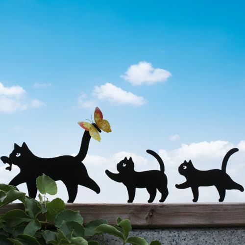 JARPSIRY Lot de 3 jolies silhouettes de chat noir en métal avec papillon et vis, décoration de cadre de porte de maison, décoration de clôture extérieure, sculptures d'art de jardin pour les amoureux