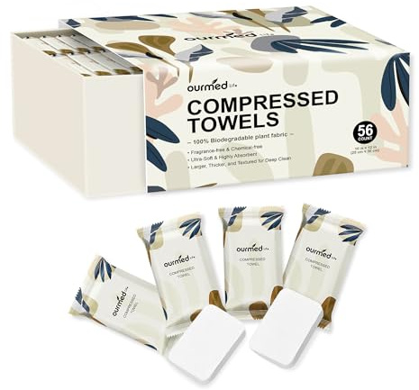 Ourmed Life Compressed Towel Tablets – Portable, Individually Wrapped Disposable Face Towels, Quickly Expand with Water, Soft & Lint-Free, 12‘’x10‘’ for Travel, Camping, Hiking, Backpacking (56 Count)