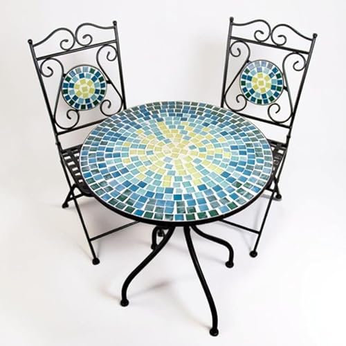 Saharashop Mosaik Gartentisch Set Sitzgruppe Garten Set Balkon-Set Mosaik Bistro-Set, 3-teilig, Klappbar, Metall-Gartenmöbel mit Tisch Ø60 cm und 2 Stühlen, Blau-Grün
