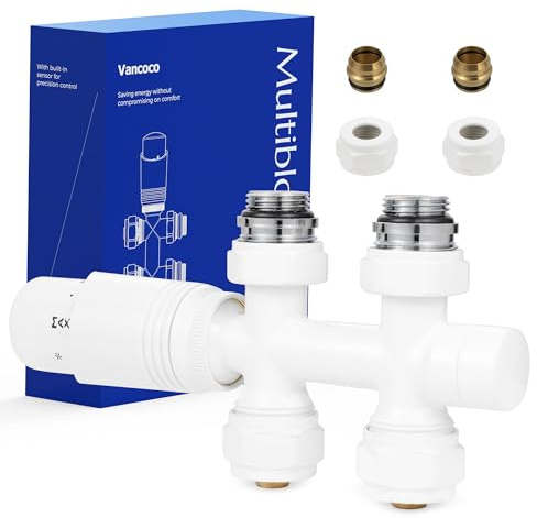 VANCOCO Weiß Thermostat Multiblock Hahnblock Durchgang 50mm Nabenabstand | Hahnblock Ventil-Armaturen Set Eurokonus für Ø16×2 Kunststoffrohre Ø15mm Kupferrohre passend für Heizkörper