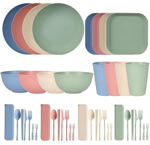 Juego de vajilla de plástico de 44 piezas, platos y cuencos de plástico con tazas, cubiertos, adecuados para 4 personas, juegos de servir ligeros y reutilizables, fáciles de transportar y limpiar