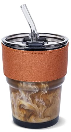 Glass Coffee Cup with Lid, Straw and Protective Sleeve, Clear Borosilicate Travel Mug for Hot and Cold Drinks, Iced Coffee Cup for Espresso, Latte, Cappuccino, Tea – 350ml (Black Cup, Brown Sleeve)