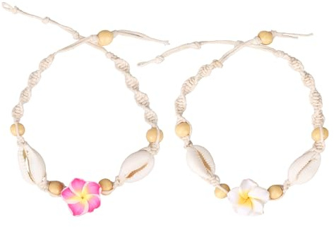 Mikovivi 2pcs Hawaiian Plumeria Rubra Anklets, Adjustable Tropical Flower Friendship Bracelets Shell Bohemian Luau Foot Jewelry Gifts & Women Summer Beach Party Decoration Accessories