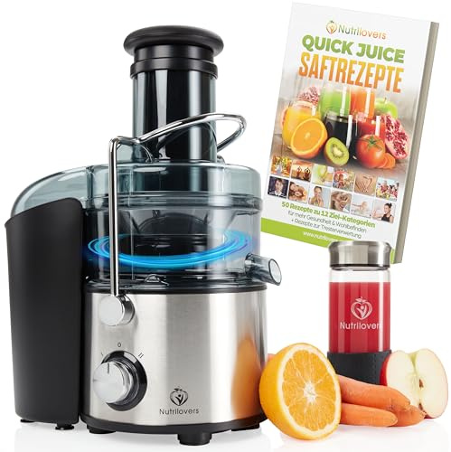Nutrilovers QUICK-JUICER MAX - Spremiagrumi per frutta e verdura, XXL, colino in acciaio inox, contenitore esterno per vinacce, 800 W, con borraccia e ricettario incluso