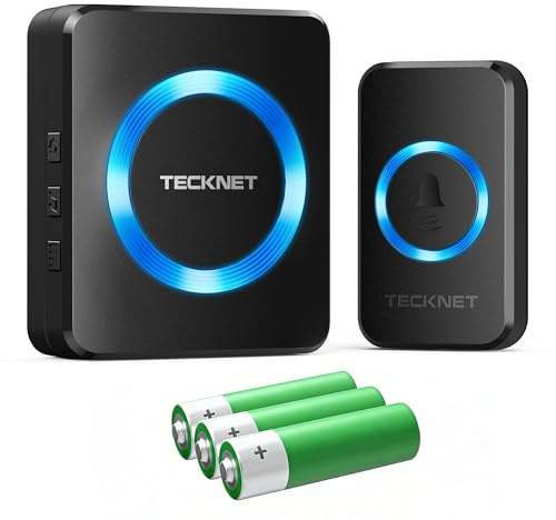 TECKNET Wireless Doorbell, Portable Battery Doorbell with Blue Light, IP66 Waterproof Door Bells Wireless Cordless with 1312ft / 400m Range, 60 Chimes & 5-Level Volume, Ideal for Home Office (Black)