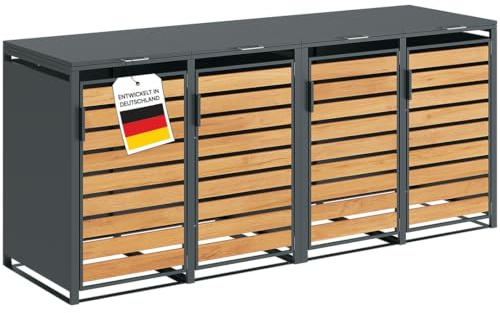 STEELSØN Kestra Mülltonnenbox 4er bis 120L, Anthrazit, Holzoptik, Stahl | Mülltonnenverkleidung mit Sichtstreifen, hochwertiger Müllcontainer für 4 Tonnen, Müllbox, Gerätebox, wetterfest, Outdoor