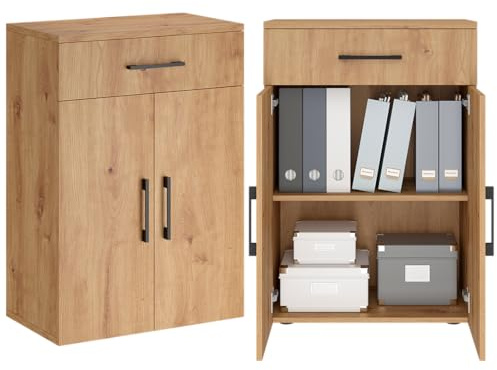 Bellamio Apol Büroschrank 60 cm breit, Eichenoptik, 1 Schublade, 2 Fächer | Mehrzweckschrank, Aktenschrank aus Holz, Bücherregal, Aufbewahrungsschrank 88 cm hoch, für Flur, Büro & Wohnzimmer, Büromöbel