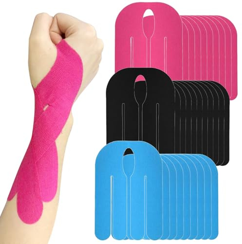 MFUSUL 30 Pièces Kinesiotapes Prédécoupés pour Poignet,3 Couleurs Tape Musculaire Coton,Imperméable Anti-Transpiration,Élastique de Soutien Sportif (Noir,Bleu,Rose)