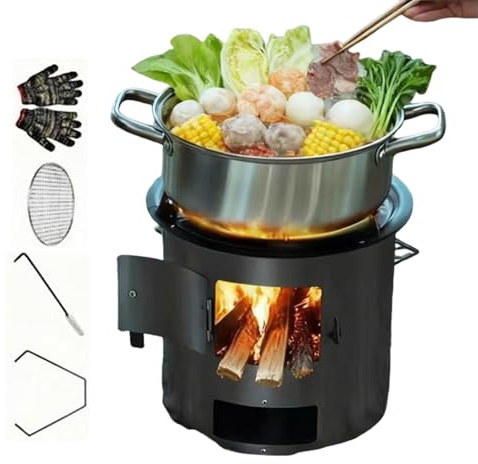 Estufa de Leña | Hornillo Ligero de Camping con Asa - Estufa con Parrilla y Guantes - para Acampada Senderismo Cocina y