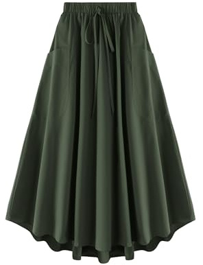 Ecolala Girls Maxi Skirt Elastic High Waist Flowy A-Line Pleated Long Skirt with Fixed Tie and Pocket Army Green 13-14 Years