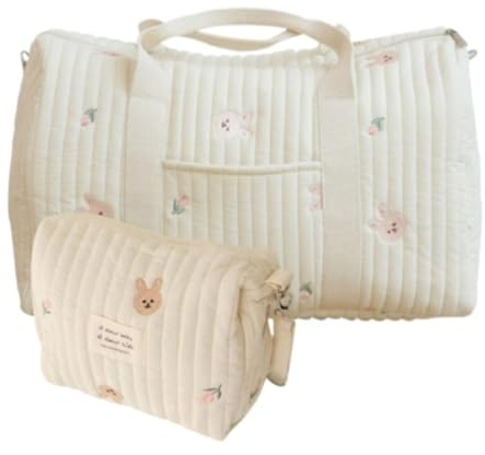 Stor mammas förlossningsväska, barnvagnsväska set med 2 delar, babybyte, mammaväska, bomullsaxel med broderi, söt bärbar universell tryckt design, C, 48 x 24 x 28 cm, 1