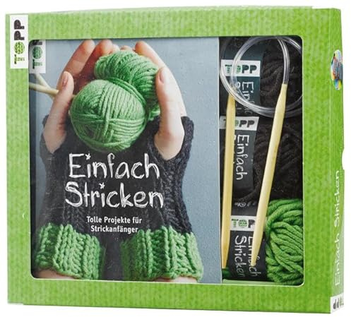 Kreativ-Set Einfach Stricken: Buch mit Strickgrundlagen und einfachen Anleitungen und Material für 2 Handstulpen: 60g Garn in 3 Farben und Rundstricknadel (Buch plus Material)