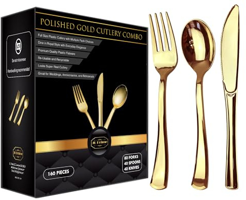 JL Prime 160 utensilios resistentes para fiestas y bodas, reutilizables, cubiertos dorados, 80 tenedores de plástico, 40 cucharas de plástico, 40 cuchillos de plástico