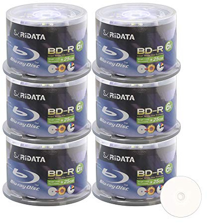 300 Pack Ridata 6X BD-R BDR 25GB Single Layer Blue Blu-ray White Inkjet Hub Printable Recordable Blank Media Disc with Spindle Packing