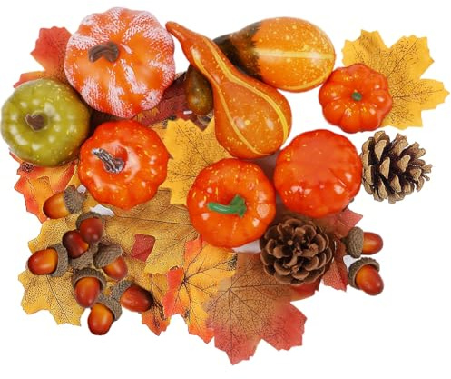 winemana Fall Decorations for Home-6pcs Mini Pumpkins & 2pcs Gourds, 30pcs Leaves & 10pcs Acorns, 2pcs Pinecones Centerpiece Set-Harvest Decor for Table Mantel (Largest: 4.5 x 2.1)