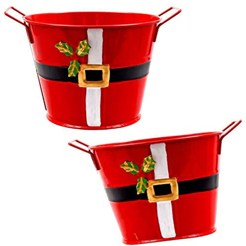 TopNotch Outlet Christmas Decor - Storage Pails (2 Pc) Red Painted Santa Buckets with Handles - Create Lovely Baskets - Add Party Favors - Metal Planters