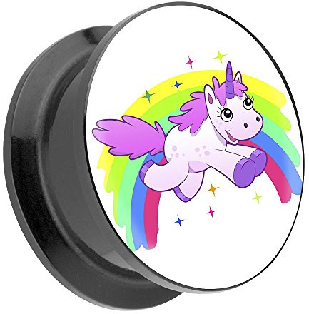 Taffstyle Ohr Plug Flesh Tunnel Piercing Ohrpiercing Kunststoff Schraub Schraubverschluß mit Picture Motiv über Regenbogen springendes Einhorn