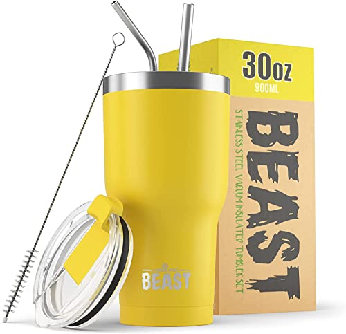 Greens Steel Beast Tumbler – 900 ml (30 oz), Zitrone | Wiederverwendbarer Edelstahl, vakuumisolierter Becher | mit 2 Strohhalmen & Reinigungsbürste | Doppelwandiger Reise-Thermobecher