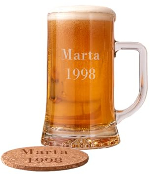Jarra Cerveza con Posavasos Personalizados, Transparente, 50 cl | Vidrio Grabado, Regalo Original, Nombre o Mensaje