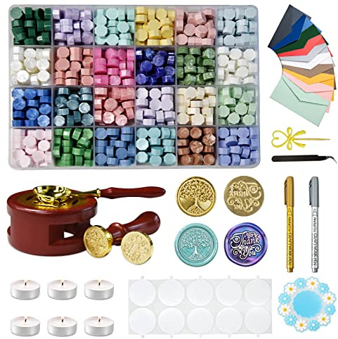 Set Wachsschmelzer, Siegelwachs Perlen Set, 600 Stück Siegelwachs Perlen Set, 24 Farben Siegelwachsperlen mit 4 Weißen Kerzen (A) (SET G)
