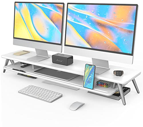Fenge Dual Monitorständer mit Telefon/Pad Halter, 2 Etagen Groß Computer Bildschirmständer für Laptop/PC/TV/Drucker 108x23,5x14,5cm Tragfähigkeit 50KG (Weiß)