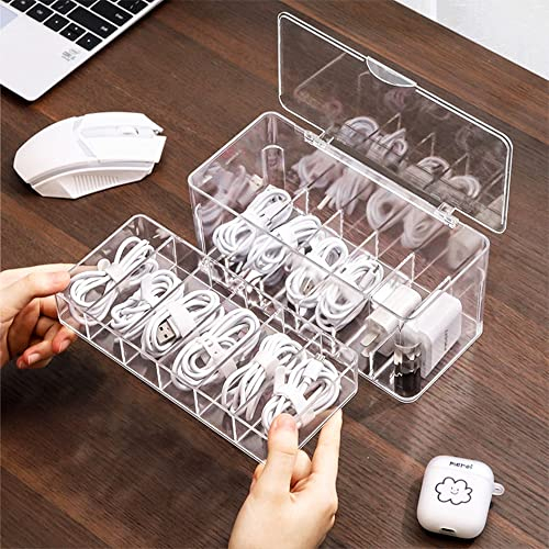 STARRY G Double Layer Cable Tidy Box with Lid, 12 Grids Cable Organizer Box, Large Storage Box for Data Cables, Charger Plug, Clear Cable Management Box - Free 15PCS Cable Ties & Classify Label