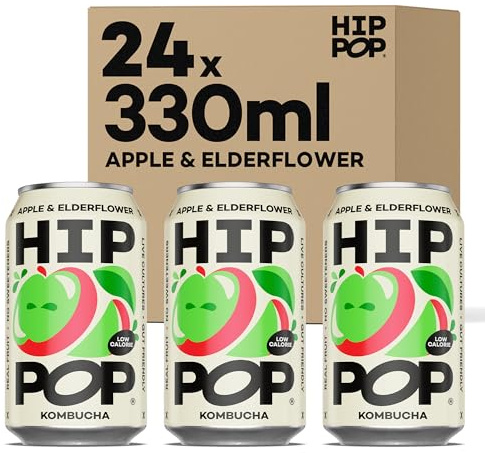 Hip Pop Real Fruit Kombucha, Apple & Elderflower | Low Calorie, No Sweeteners | Gut Friendly, Live Cultures | 24 x 330 ml