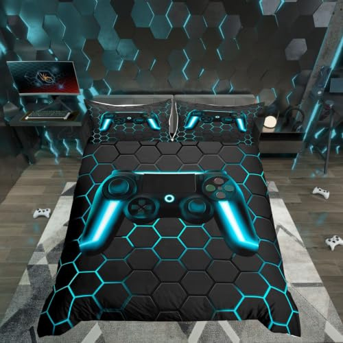 Ensembles de Literie Gamer 220x240 pour Garçons,Housse de Couette Gaming Enfants Housse Couette Jeux Vidéo,Parure de Lit Manette de Jeu Géométrique Nid D'Abeille pour La Chambre Des Adolescents