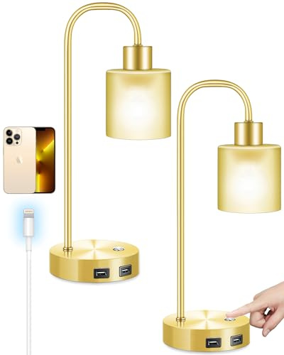 Touch Bedside Lamp, Set of 2 Fully Stepless Dimmable Edison Industrial Table Lamps with 2 USB Charging Port,Gold Nightstand Lamp with Eye-Caring Glass lampshade for Bedroom Living Room,2 Bulb Included