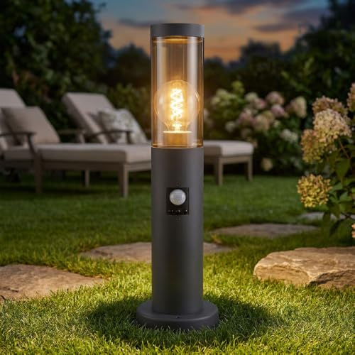 Außenbeleuchtung Standleuchte Sockelleuchte rauch anthrazit Außen mit Bewegungsmelder Garten Stehlampe, Edelstahl Kunststoff, 1x E27, DxH 7,6x45 cm