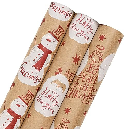 Holijolly Weihnachts-Kraftpapier - Mini-Rolle - Schneemann/Engel/Fuchs-Druck in Rot für Geschenkverpackungen, Kunsthandwerk - 43.2cm x 305cm - 3 Rollen (42.5 sq.ft.ttl.)