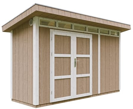 Gartenhaus Premium Qualität 4,3m² - L161xW411cm- All-Inclusive-Set mit Boden, Bitumen-Dachziegeln, Farbset- Hochwertiger Geräteschuppen aus Holzwerkstoffplatten LP Smartside - M902A Terra Brown