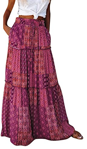 Damen Sommer Boho Maxi Midi Rock Elastisch Hohe Taille Plissee A-Linie Flowy Swing Langer Maxi Rock mit Taschen