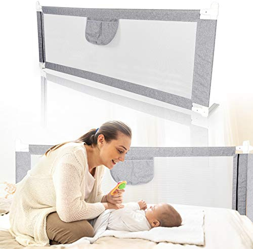 Eulenke 200cm Bettgitter, Bettschutzgitter für Kinder, Höhenverstellbar von 80-96cm, Bett für Kleinkinder, Rausfallschutz, Kinderbettgitterbaby bettgitter, Baby bettgitter, Schutz vor Stürzen, Grau