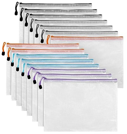 CosyCaya 15 Stücke A4 Zipper Tasche, Dokumententasche mit Reißverschluss, Mesh Kunststoff Reißverschlusstasche, Dokumententasche A4 wasserdichte Dokumententasche Reissverschluss für Datei, Kosmetika