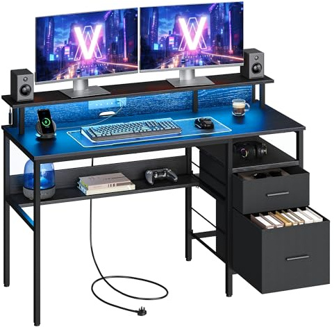 VASAGLE Computer Desk with Fabric Drawers, Study Desk with Monitor Stand, LED Lighting, 55 x 135 x 90 cm, Built-in Power Outlets, 2 USB-A Ports, for Home Office, Ebony Black LWD094B01