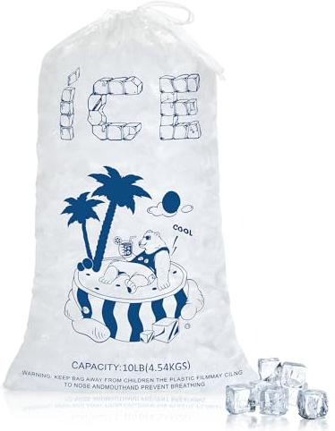 ENNIYU Ice Bags 10 Lb., 50 Pack, Heavy-Duty Reusable, 21 x 12 inch, Drawstring Closure, Bear10lb Color, Plastic Material, Perfect for Camping, Parties, Events, Everyday Use, Fishing, Picnic