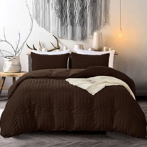 Classic Seersucker Duvet Cover Set 3 Pieces Brown Soft Breathable Microfiber Bedding Set King 220 x 230cm