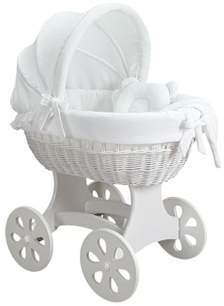 Wiklinopol Stubenwagen, Moseskorb Baby mit Gestell Annabell – Bollerwagen mit Rollen aus Naturweide – inkl. Matratze & 5-TLG. Weiß Musselin-Bettwäsche – Korb: Weiß