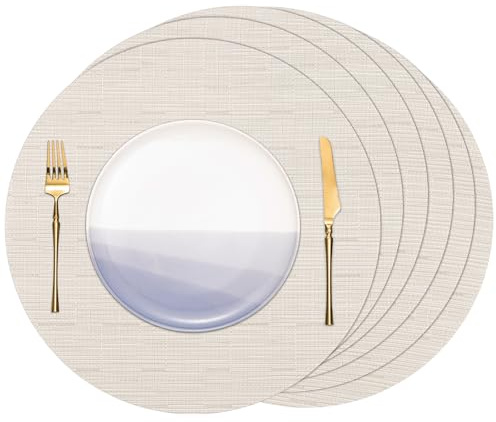 Banchif Platzsets abwaschbar Tischsets abwaschbar Rund 38 cm Platzdeckchen | Platzsets abwaschbar 6er Set Platzdeckchen PVC Rund rutschfest Tischsets abwischbar gewebte Vinyl (Beige)