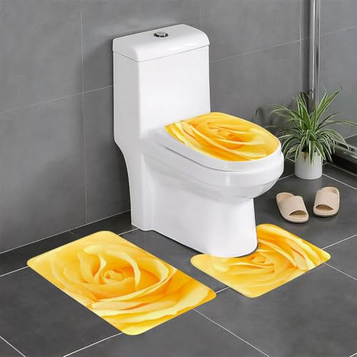 EYLOZS Badezimmerteppich Set 3 Teilig Waschbar rutschfeste Badematte Toilettenmatte Weich Saugfähige Badteppiche,Eine wunderschön blühende gelbe Rose