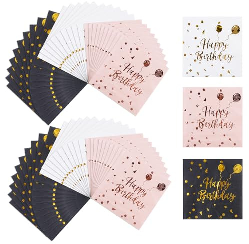 Luckwaii Lot de 60 serviettes jetables à 2 couches avec confettis pour adultes et enfants, mariages, fêtes prénatales, fêtes, décorations de table, cocktails - 33 x 33 cm (rose, blanc, noir)