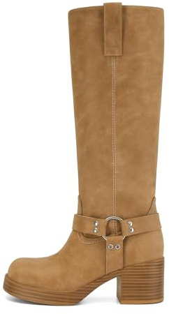 Dsevht Women's Knee High Riding Boots Round Toe Block Heel Fashion Motorcycle Booties Side Zipper Wide Calf Biker Riding Banana Boots with Studs Buckle