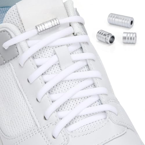 Euqvunn 120CM Elastiska Skosnören Med Metallkapslar, 6mm Premium Elastiska Snören Sport Ingen Knytning Skosnören För Sneakers, Löparskor, Sportskor(Vit)