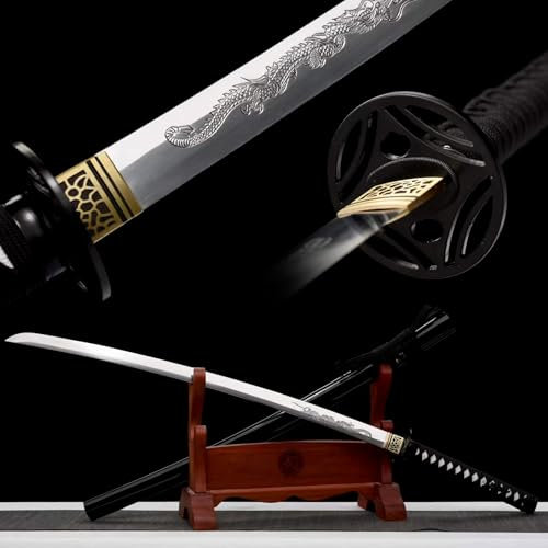 KWXPW 103cm handgefertigt Samurai-Schwert,Manganstahl Klinge mit Gravurmuster,Holzscheide,Japanisches Katana-Schwert für Kendo-Training,Geschenke,Dekoration,Cosplay,Requisiten,Display